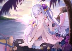 Rule 34 | 1girl, angel wings, ass, azusa (blue archive), azusa (swimsuit) (blue archive), barefoot, bikini, blue archive, blush, closed mouth, feathered wings, flower, frilled bikini, frills, hair between eyes, hair flower, hair ornament, highres, long hair, looking at viewer, ocean, official alternate costume, outdoors, palm tree, pink eyes, purple flower, solo, swimsuit, teeth bro, toes, tree, white flower, white hair, white wings, wings