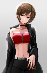 Rule 34 | 1girl, black choker, black coat, black pants, breasts, brown eyes, brown hair, choker, cleavage, coat, collarbone, earrings, facing viewer, grey background, hand in pocket, highres, jewelry, looking at viewer, medium breasts, meiko (vocaloid), midriff, navel, off shoulder, open clothes, open coat, pants, parted lips, red nails, short hair, smile, solo, sorano namida, standing, strapless, tube top, upper body, vocaloid, zipper