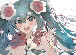 Rule 34 | 1girl, aqua eyes, aqua hair, blush, cape, commentary, flower, flower in eye, hair flower, hair ornament, hands up, hatsune miku, highres, imamiya pinoko, jewelry, long hair, looking at viewer, magical mirai (vocaloid), magical mirai miku, magical mirai miku (2021), open mouth, pendant, smile, solo, string, symbol in eye, twintails, upper body, very long hair, vocaloid, white background, white flower