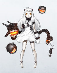 Rule 34 | 10s, 1girl, abyssal ship, ahoge, aircraft, airplane, colored skin, dress, enemy aircraft (kancolle), frown, highres, holding, horns, kantai collection, long hair, looking at viewer, maakun (makun dx), machinery, mittens, northern ocean princess, orange eyes, simple background, solo, turret, white dress, white hair, white skin