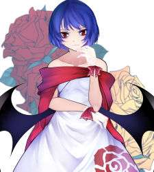 Rule 34 | 1girl, alternate costume, aoshima, bare shoulders, bat wings, blue hair, blurry, blurry background, breasts, cape, collarbone, colored eyelashes, cowboy shot, dress, expressionless, eyeliner, eyes visible through hair, eyeshadow, floral background, floral print, flower, gloves, hand on own chin, highres, lace, lace gloves, lazy eye, low wings, makeup, no headwear, off-shoulder dress, off shoulder, outline, red cape, red eyes, red flower, red pupils, red ribbon, red rose, remilia scarlet, ribbon, rose, rose background, rose print, short hair, sleeveless, sleeveless dress, small breasts, solo, thinking, touhou, white background, white dress, wings, wrist ribbon, yellow flower, yellow rose