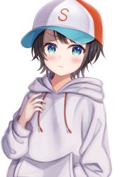 Rule 34 | 1girl, black hair, blue eyes, blush, closed mouth, frown, hand on own chest, hat, highres, hololive, hood, hood down, hoodie, long sleeves, looking at viewer, md5 mismatch, namekuji ojiichan, oozora subaru, short hair, sleeves past wrists, solo, upper body, virtual youtuber, white background, white hoodie