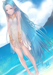 Rule 34 | 10s, 1girl, asdj, bare shoulders, barefoot, blue eyes, blue hair, blush, bridal gauntlets, covered navel, dress, covered erect nipples, female focus, granblue fantasy, highres, long hair, looking at viewer, lyria (granblue fantasy), no panties, ocean, solo, standing, very long hair, wading, wet, wet clothes, white dress