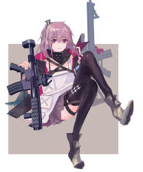 Rule 34 | 1girl, absurdres, ar-15, assault rifle, black thighhighs, blush, boots, closed mouth, commission, dress, full body, girls&#039; frontline, gloves, grey footwear, gun, highres, holding, holding gun, holding weapon, long hair, looking at viewer, mod3 (girls&#039; frontline), pink hair, purple eyes, reraise, rifle, side ponytail, simple background, single glove, sitting, skeb commission, smile, solo, st ar-15 (girls&#039; frontline), st ar-15 (mod3) (girls&#039; frontline), thighhighs, weapon
