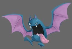Rule 34 | black eyes, creature, creatures (company), fangs, full body, game freak, gen 1 pokemon, golbat, grey background, karrybird, looking at viewer, nintendo, no humans, open mouth, pokemon, pokemon (creature), simple background, solo, tongue, tongue out
