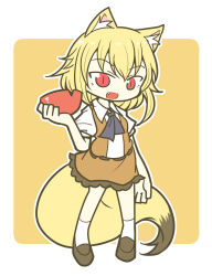 1girl :d animal_ear_fluff animal_ears ascot black_ascot blonde_hair bowl brown_footwear brown_skirt brown_vest collared_shirt commentary_request cookie_(touhou) fang fox_ears fox_girl fox_tail full_body highres loafers looking_at_viewer medium_hair miramikaru_riran open_clothes open_mouth open_vest orange_background puffy_short_sleeves puffy_sleeves red_eyes rice_bowl shirt shoes short_sleeves simple_background skirt slit_pupils smile socks solo standing tail tsunakan_(nicoseiga34879088) two-tone_background vest white_background white_shirt white_socks