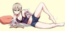 Rule 34 | 1girl, barefoot, black eyes, book, breasts, camisole, cardigan, cleavage, collarbone, denim, denim shorts, feet, food, grey hair, hair between eyes, idolmaster, idolmaster cinderella girls, keikesu, knee up, legs, lying, medium breasts, mouth hold, navel, off shoulder, on side, open book, open cardigan, open clothes, pillow, pocky, purple camisole, reading, shiomi syuko, short hair, shorts, simple background, solo, sweater, white sweater