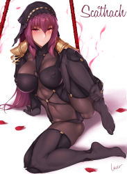 Rule 34 | absurdres, ankle grab, arm support, armor, bodysuit, breasts, character name, commentary request, covered erect nipples, covered navel, fate/grand order, fate (series), feet, gae bolg (fate), hair intakes, highres, large breasts, laserflip, leg up, legs, leotard, long hair, looking at viewer, pauldrons, petals, polearm, purple bodysuit, purple hair, purple leotard, red eyes, rose petals, scathach (fate), shoulder armor, smoke trail, solo, spear, spread legs, thighs, veil, weapon, white background
