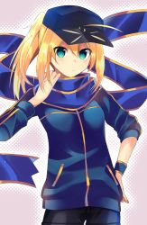 Rule 34 | 1girl, absurdres, ahoge, artoria pendragon (fate), baseball cap, black shorts, blonde hair, blue jacket, blue scarf, closed mouth, commentary request, cowboy shot, fate/grand order, fate (series), green eyes, hair between eyes, halftone, halftone background, hand on own hip, hat, highres, jacket, long sleeves, looking at viewer, mysterious heroine x (fate), niyokichi, ponytail, scarf, shorts, solo, v-shaped eyebrows, wristband
