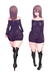 Rule 34 | 1girl, ass, bad id, bad pixiv id, bare shoulders, boots, breasts, brown hair, colored skin, high heels, highres, huge ass, ikuchan kaoru, long hair, looking at viewer, multicolored skin, original, pout, revision, simple background, solo, thick thighs, thighs, white background