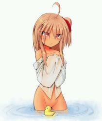 Rule 34 | 1girl, :&lt;, afloat, ahoge, basa rutan, blush, brown hair, censored, convenient censoring, covering privates, covering chest, floating, long hair, muramasa (basa rutan), naked shirt, original, own hands together, partially submerged, red eyes, ripples, rubber duck, shirt, side ponytail, sidelocks, simple background, solo, tsurime, wading, water, wet, wet clothes, white background, white shirt