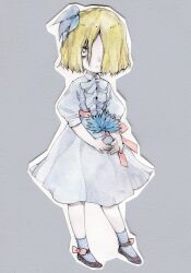 Rule 34 | 1girl, black footwear, blonde hair, blue dress, blue flower, blue socks, bow, commentary, don&#039;t starve, dress, english commentary, floating, floating object, flower, frilled dress, frills, full body, grey background, hair flower, hair ornament, hair over one eye, highres, looking at viewer, monochromegr, official alternate costume, official alternate hair length, official alternate hairstyle, one eye covered, outline, parted lips, puffy short sleeves, puffy sleeves, red bow, sash, short dress, short hair, short sleeves, socks, solo, standing, traditional media, wendy (don&#039;t starve), white outline, wide-eyed