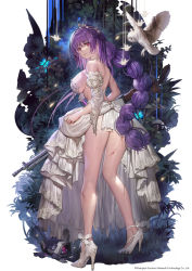Rule 34 | 1girl, ass, back, bare legs, bird, bouquet, braid, breasts, bug, butterfly, cleavage, closed mouth, detached sleeves, dress, flower, full body, girls&#039; frontline, gun, high heels, highres, huge breasts, insect, jewelry, large breasts, long hair, looking back, necklace, no panties, off-shoulder dress, off shoulder, official alternate costume, official art, owl, parted lips, purple hair, red eyes, sideboob, sidelocks, single braid, solo, standing, thighs, torn clothes, very long hair, weapon, white dress, whoisshe, zb-26 (girls&#039; frontline), zb-26 (the 1000th paper crane) (girls&#039; frontline)