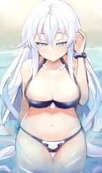 Rule 34 | 1girl, absurdres, aqua eyes, bikini, bimmy, black bikini, black heart (neptunia), bracelet, breasts, choujigen game neptune, cleavage, closed mouth, commentary, english commentary, highres, jewelry, large breasts, long hair, looking at viewer, naughty face, navel, neptune (series), power symbol-shaped pupils, seductive smile, smile, solo, stomach, swimsuit, symbol-shaped pupils, very long hair, vvvtune, water, white hair