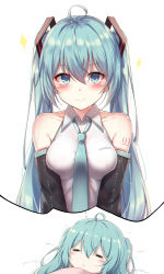 Rule 34 | 1girl, akira (been0328), aqua eyes, aqua hair, aqua necktie, bad id, bad twitter id, bare shoulders, black sleeves, blush, breasts, closed eyes, commentary, detached sleeves, dreaming, hair between eyes, hair ornament, hatsune miku, long hair, looking at viewer, medium breasts, necktie, shirt, shoulder tattoo, sleeping, sleeveless, sleeveless shirt, smile, sparkle, tattoo, thought bubble, twintails, under covers, v-shaped eyebrows, very long hair, vocaloid, white shirt