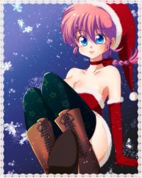 Rule 34 | 1girl, artist name, bare shoulders, black thighhighs, blue eyes, boots, braid, braided ponytail, breasts, brown footwear, choker, closed mouth, commentary, cross-laced footwear, dress, elbow gloves, fur-trimmed dress, fur trim, genderswap, genderswap (mtf), gloves, hat, lace-up boots, looking at viewer, medium breasts, medium hair, ranma-chan, ranma 1/2, red choker, red dress, red gloves, red hair, red hat, ribbon choker, santa dress, santa gloves, santa hat, saotome ranma, short dress, signature, single braid, sitting, smile, snowflakes, snowing, solo, strapless, strapless dress, thighhighs, uehara doh