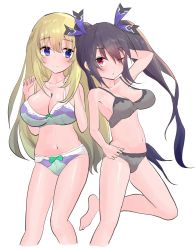 Rule 34 | armpits, bare shoulders, braid, breasts, cleavage, feet, frown, highres, large breasts, long hair, medium breasts, neptune (series), noire (neptunia), purple eyes, red eyes, ribbon, smile, swimsuit, thighs, toes, tsundere, twintails, vert (neptunia), yuni tofuparlor
