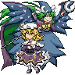 Rule 34 | 2girls, blonde hair, blue dress, blue headwear, closed mouth, commentary request, dress, full body, green hair, hat, holding, holding staff, long hair, looking at viewer, looking back, lowres, maribel hearn, mima (touhou), mob cap, multiple girls, pixel art, purple dress, reimufate, simple background, smile, staff, touhou, touhou (pc-98), touhou lostword, touhou ningyougeki, white background, white headwear, wings, yellow eyes