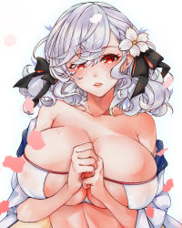 Rule 34 | 1girl, asymmetrical bangs, bare shoulders, black ribbon, blush, breasts, cleavage, collarbone, covered erect nipples, embarrassed, flower, furrowed brow, girls&#039; frontline, hair flower, hair ornament, hair ribbon, heart, highres, jacket, large breasts, long hair, looking at viewer, nipples, nose blush, off shoulder, official alternate costume, parted lips, patchouligo, petals, red eyes, ribbon, see-through, sidelocks, silver hair, simple background, smile, solo, spas-12 (girls&#039; frontline), spas-12 (midsummer fruit) (girls&#039; frontline), twintails, wavy mouth, wet, white background