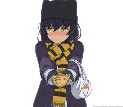 Rule 34 | bee, black hat, bug, fish, food, hair between eyes, hat, highres, insect, scarf, self-upload, simple background, striped clothes, striped scarf, tagme, taiyaki, wagashi, watermark, web address, white background