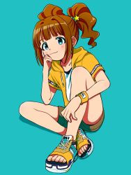 Rule 34 | 1girl, :3, bare legs, blue background, clothes writing, collarbone, commentary, artistic error, female focus, green eyes, hair ornament, hand on own cheek, hand on own face, highres, idolmaster, idolmaster (classic), naruse ill, orange hair, sandals, short sleeves, shorts, sidelocks, simple background, sitting, solo, sweatband, takatsuki yayoi, toenails, twintails, wristband