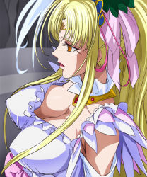Rule 34 | 10s, 1girl, aphrodite (suite precure), blonde hair, breasts, choker, cleavage, detached collar, detached sleeves, dress, empty eyes, expressionless, eyelashes, frilled dress, frills, from above, hair ornament, hair ribbon, haruyama kazunori, large breasts, long hair, precure, profile, queen, ribbon, solo, suite precure, white dress