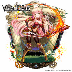 Rule 34 | 1girl, arch, armor, black thighhighs, blush, boots, breasts, brown eyes, brown footwear, column, copyright name, flaming sword, flaming weapon, flower, full body, gears, grass, hand on own hip, long hair, looking at viewer, medium breasts, meesuke, navel, official art, pillar, pink hair, plant, slashing, solo, sword, thighhighs, very long hair, vines, vital gear, watermark, weapon