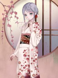 Rule 34 | 1girl, blush, commentary request, commission, enahamaru, floral print, flower, green eyes, grey hair, hair flower, hair ornament, highres, japanese clothes, kimono, looking at viewer, obi, original, sash, short hair, sidelocks, smile, solo, window