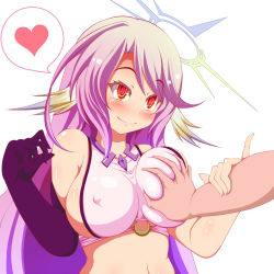 Rule 34 | 10s, 1girl, @ @, blush, breasts, spiked halo, covered erect nipples, elbow gloves, gloves, grabbing, grabbing another&#039;s breast, grabbing another's breast, guided breast grab, guiding hand, halo, heart, jibril (no game no life), large breasts, long hair, maeda kousuke, magic circle, no game no life, pink hair, red eyes, sideboob, simple background, smile, solo focus, speech bubble, spoken heart, white background