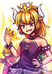 Rule 34 | 2girls, :&lt;, alternate breast size, armlet, bare arms, bare shoulders, black collar, black dress, black nails, blonde hair, blue gemstone, borrowed design, bowsette, bracelet, breasts, closed mouth, collar, collarbone, commentary request, crown, dress, dual persona, fingernails, fire, gem, half-closed eyes, hand on own hip, hand up, high ponytail, highres, holding, horns, jewelry, jitome, juliet sleeves, long fingernails, long hair, long sleeves, looking at viewer, mario (series), multiple girls, nail polish, new super mario bros. u deluxe, nintendo, open mouth, parted bangs, pink dress, princess, princess peach, puffy sleeves, pyrokinesis, senpaihawkkun, sharp fingernails, sharp teeth, signature, silver trim, sketch, small breasts, solid oval eyes, spiked armlet, spiked bracelet, spiked collar, spiked shell, spiked tail, spikes, strapless, strapless dress, super crown, tail, teeth, tsurime, turtle shell
