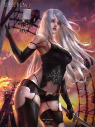 Rule 34 | 1girl, android, armlet, black gloves, black shorts, blue eyes, breasts, cleavage, elbow gloves, ferris wheel, gloves, highres, holding, holding sword, holding weapon, joints, long hair, nier (series), nier:automata, pod (nier:automata), robot joints, shorts, silver hair, sky, sunset, sword, tank top, thighs, weapon, yam spectrum, a2 (nier:automata)