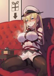 Rule 34 | 1girl, arrow (symbol), bdsm, black pantyhose, blonde hair, blue eyes, blush, bondage, bound, breasts, chou shippai-saku, commentary request, couch, cross, foreshortening, graf zeppelin (kancolle), hair between eyes, half-closed eyes, hat, highres, indoors, iron cross, kantai collection, large breasts, layered sleeves, necktie, no pants, on couch, pantyhose, peaked cap, red necktie, rope, shibari, sitting, solo, thighs, toy airplane, tsurime, white hat