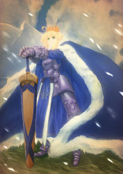 Rule 34 | 1girl, absurdres, ahoge, armor, armored dress, artoria pendragon (fate), avalon (fate/stay night), blonde hair, breastplate, cape, cloud, crown, excalibur (fate/stay night), fate/grand order, fate/stay night, fate (series), fur-trimmed cape, fur trim, grass, green eyes, highres, planted sword, planted, rindon (pixiv338875), saber (fate), solo, sword, weapon, wind