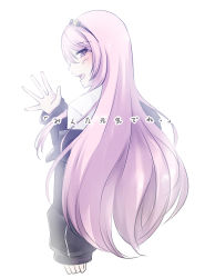 Rule 34 | 1boy, black bow, black hairband, black jacket, blush, bow, fir. (firagment0), hair bow, hairband, highres, holostars, jacket, long hair, long sleeves, looking at viewer, looking back, male focus, open mouth, pink hair, purple eyes, simple background, sleeves past wrists, solo, translation request, trap, tsukishita kaoru, very long hair, virtual youtuber, waving arm, white background