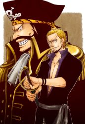 Rule 34 | 2boys, blonde hair, brown hair, facial hair, glasses, goatee, gol d. roger, hat, male focus, multiple boys, mustache, one piece, pirate, sash, silvers rayleigh, smile, sword, weapon, aged down