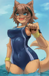 Rule 34 | 1girl, animal ears, armband, blue eyes, blue one-piece swimsuit, blue sky, body fur, breasts, cloud, cowboy shot, day, dog ears, dog girl, dog tail, furry, furry female, headband, highres, kobold, monster musume no iru nichijou, nipple slip, nipples, one-piece swimsuit, open mouth, outdoors, polt, seraziel, sky, smile, snout, solo, standing, striped clothes, striped one-piece swimsuit, swimsuit, tagme, tail, wading, water, waves, wet, wet clothes, wristband