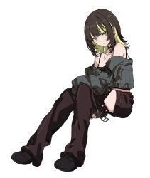 Rule 34 | 1girl, arm on knee, arm support, black footwear, black hair, black shirt, blonde hair, brown shorts, chaps, dot nose, ear piercing, grey shirt, highres, idolmaster, idolmaster shiny colors, ikaruga luca, jewelry, long sleeves, looking at viewer, migolu, multicolored hair, necklace, piercing, serious, shirt, short hair, shorts, sidelocks, sitting, solo, tank top, thighs, two-tone hair, v-shaped eyebrows, white background, yellow eyes