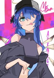 Rule 34 | 1girl, arknights, bare shoulders, black headwear, black jacket, black shirt, blue eyes, blue hair, breasts, chiriejjiyo, closed mouth, commentary request, copyright name, covered collarbone, crop top, hair over one eye, halo, highres, horns, jacket, long hair, looking at viewer, medium breasts, mostima (arknights), off shoulder, one-hour drawing challenge, open clothes, open jacket, shirt, signature, sleeveless, sleeveless shirt, solo, tongue, tongue out, upper body, very long hair