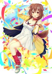 Rule 34 | 1girl, animal ears, blue footwear, blush, bone hair ornament, braid, breasts, brown eyes, brown hair, cleavage, collar, colorful, confetti, cross-laced footwear, dog ears, dog girl, dog tail, dress, full body, hair ornament, highres, hololive, inugami korone, inugami korone (1st costume), jacket, looking at viewer, medium breasts, medium hair, open mouth, paw pose, red socks, ribbed legwear, shoes, smile, sneakers, socks, solo, tail, thighs, tokoshibyra, twin braids, twitter username, virtual youtuber, white dress, wristband, yellow jacket