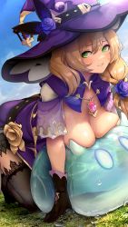 Rule 34 | 1girl, all fours, blonde hair, blush, breast press, breasts, cleavage, flower, genshin impact, green eyes, hair between eyes, hanging breasts, hat, highres, kashu (hizake), large breasts, lisa (genshin impact), long hair, looking at viewer, open mouth, outdoors, photo background, rose, slime, smile, solo, thighhighs, thighs, witch hat