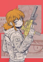 Rule 34 | 1girl, absurdres, b&amp;t mp9, brown hair, closed mouth, commentary, from side, gun, hand up, highres, holding, holding gun, holding weapon, hood, hood down, hooded jacket, jacket, long sleeves, looking at viewer, looking to the side, low ponytail, original, pants, ponytail, powerdman, puffy long sleeves, puffy sleeves, smile, solo, standing, submachine gun, suppressor, trigger discipline, v, weapon
