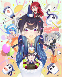 Rule 34 | 1boy, 4girls, :d, :p, ^ ^, absurdres, animal hands, balloon, bat hair ornament, birthday, birthday cake, black cape, black hair, black skirt, blue eyes, blue hair, blue headband, blue headwear, blue kimono, blush, box, cake, candle, cape, chibi, closed eyes, confetti, crescent, crescent hair ornament, cup ramen, cupcake, empanada, flower, food, fork, fruit, gift, gift box, gloves, grey hair, hachimaki, hair flower, hair ornament, hair ribbon, hands on own cheeks, hands on own face, happy, hat, headband, highres, himea d&#039;almaria, hina misora, holding, holding fork, jaal art, japanese clothes, kimono, kiwi (fruit), kiwi slice, kujira-chan (hina misora), layered skirt, long hair, misopita (hina misora), multicolored hair, multiple girls, onigiri, open mouth, party hat, party horn, party popper, party whistle, paw gloves, pink eyes, pink hair, pink sweater, plaid kimono, polka dot, ribbon, rose, rurine luna, sailor collar, short hair, signature, skirt, smile, spanish text, sparkle hair ornament, streaked hair, surprised, sweater, symbol-shaped pupils, teeth, tongue, tongue out, translation request, two-tone hair, two side up, upper teeth only, vampire costume, virtual youtuber, wactor production, whale hat, yellow flower, yellow rose