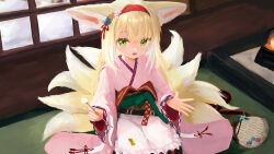 Rule 34 | 1girl, animal ear fluff, animal ears, apron, arknights, blonde hair, coin purse, colored tips, commentary request, flower, fox ears, fox girl, fox tail, frilled apron, frills, green eyes, h.yasai, hair flower, hair ornament, hairband, highres, indoors, japanese clothes, kimono, kitsune, kyuubi, long sleeves, looking at viewer, mimikaki, multicolored hair, multiple tails, obi, official alternate costume, open mouth, pink kimono, pinwheel, red hairband, sash, seiza, sitting, solo, suzuran (arknights), suzuran (yukibare) (arknights), tail, two-tone hair, waist apron, white apron, white hair, wide sleeves