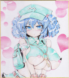 Rule 34 | 1girl, alternate breast size, blue eyes, blue hair, blush, breasts, breasts squeezed together, bridal garter, gloves, hair bobbles, hair ornament, hat, heart, huge breasts, kawashiro nitori, key, looking at viewer, matching hair/eyes, miniskirt, navel, nipples, no bra, okiraku nikku, shikishi, sideboob, simple background, skirt, solo, touhou, traditional media, twintails, two side up, underboob, v arms