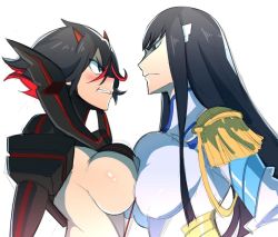 Rule 34 | 2girls, angry, bad id, bad twitter id, black hair, blush, breast press, breasts, embarrassed, female focus, frown, kill la kill, kiryuuin satsuki, large breasts, long hair, matoi ryuuko, multiple girls, nuezou, scowl, simple background, source request, standing, symmetrical docking, upper body, white background