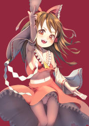 Rule 34 | 1girl, :d, armpits, bow, brown hair, detached sleeves, gohei, hair bow, hair tubes, hakurei reimu, highres, long hair, looking at viewer, navel, ofuda, open mouth, red background, red bow, ribbon-trimmed sleeves, ribbon trim, simple background, smile, solo, touhou, underwear, yawdeone