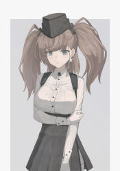 Rule 34 | 1girl, anchor hair ornament, atlanta (kancolle), black hat, black skirt, blouse, breasts, brown hair, collared shirt, cowboy shot, dress shirt, earrings, garrison cap, gloves, grey background, grey eyes, hair ornament, hana (pixiv74197937), hat, high-waist skirt, highres, jewelry, kantai collection, large breasts, lips, long hair, long sleeves, looking at viewer, partially fingerless gloves, shirt, single earring, skirt, solo, star (symbol), star earrings, suspender skirt, suspenders, two-tone background, two side up, white background, white gloves, white shirt