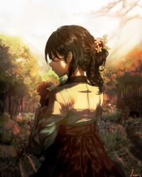 Rule 34 | 1girl, animal, arbour, artist name, bird, black hair, braid, chicken, closed mouth, dress, closed eyes, flower, forest, from behind, grass, hair flower, hair ornament, hair tie, hand up, highres, holding, holding animal, isumi (yangyan), long sleeves, nature, original, outdoors, parted lips, plant, ponytail, profile, river, shirt, skirt, solo, tree, upper body, wooden bridge