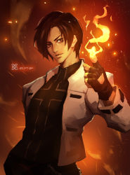 Rule 34 | 1boy, brown eyes, brown hair, chain, fingerless gloves, fire, gloves, hand in pocket, highres, jacket, kusanagi kyou, looking at viewer, male focus, pyrokinesis, shirt, short hair, snk, solo, t-shirt, the king of fighters, xiaoguimist