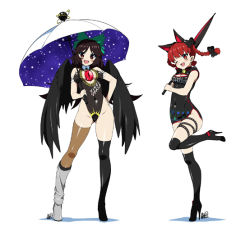 Rule 34 | 2girls, :d, alternate costume, animal ears, asymmetrical clothes, asymmetrical footwear, asymmetrical legwear, bell, black eyes, black hair, black legwear, black wings, blush, boots, bow, braid, breasts, cat ears, china dress, chinese clothes, cleavage, cleavage cutout, clothing cutout, dress, extra ears, fang, hair bow, hand on own hip, high heel boots, high heels, highleg, highleg leotard, hyouju issei, jingle bell, kaenbyou rin, large breasts, leotard, looking at viewer, mismatched footwear, multiple girls, one eye closed, open mouth, race queen, red eyes, red hair, reiuji utsuho, shiny skin, shoes, simple background, skindentation, sky, sky print, smile, standing, standing on one leg, starry sky print, thigh boots, thighhighs, third eye, touhou, twin braids, umbrella, uneven legwear, white background, wings